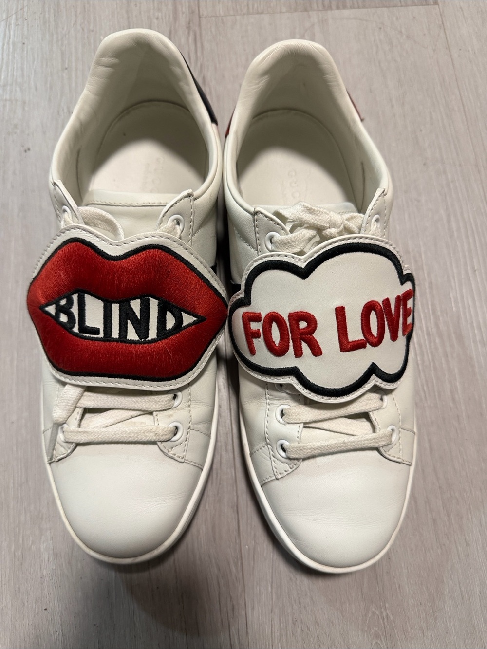Gucci White Leather Sneakers with Red Lip and 'For Love' Patch
